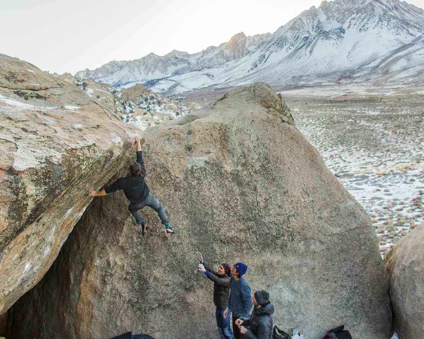 Picture of a rock climber bouldering in Bishop, California.